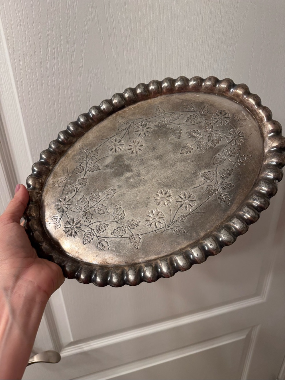 Vintage Silver Floral Inlay Decorative Oval Serving Tray